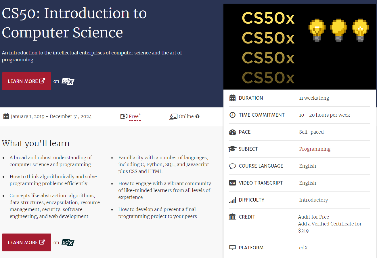 CS50 course page on edX